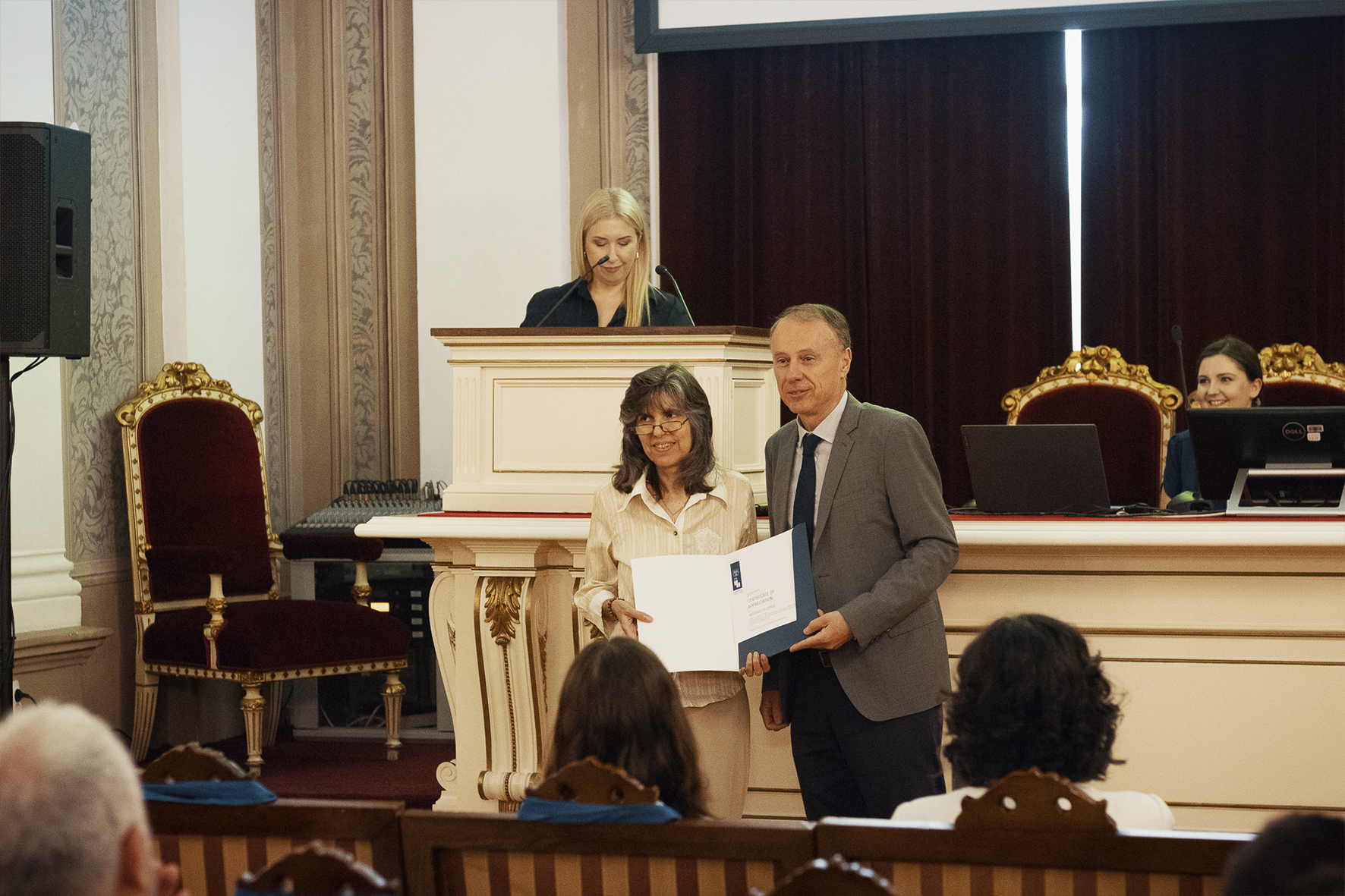 Prof. Dr. Vladan Djokic handing out the Certificate of Appreciation to the University of Cyprus,  received by Prof. Dr. Maria Philokyprou, Scientific Coordinator of HERSUS Project for University of Cyprus.© Marko Miladinović