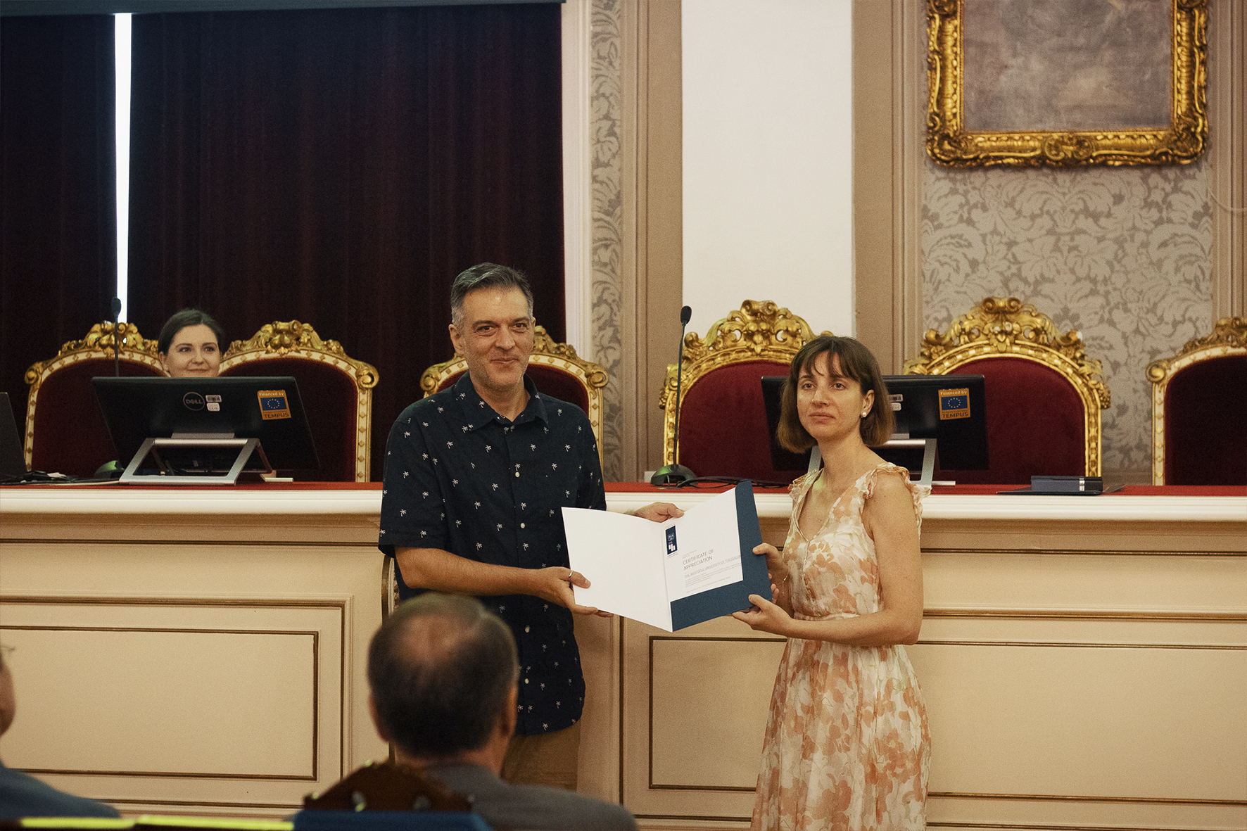 Ms Aikaterini Rapti, Counselor of the Greek Embassy in Belgrade handing out the Certificate of Appreciation to the Aristotle University of Thessaloniki from Greece, received by Prof. Konstantinos Sakantamis, Scientific Coordinator of HERSUS Project for Aristotle University of Thessaloniki.© Marko Miladinović